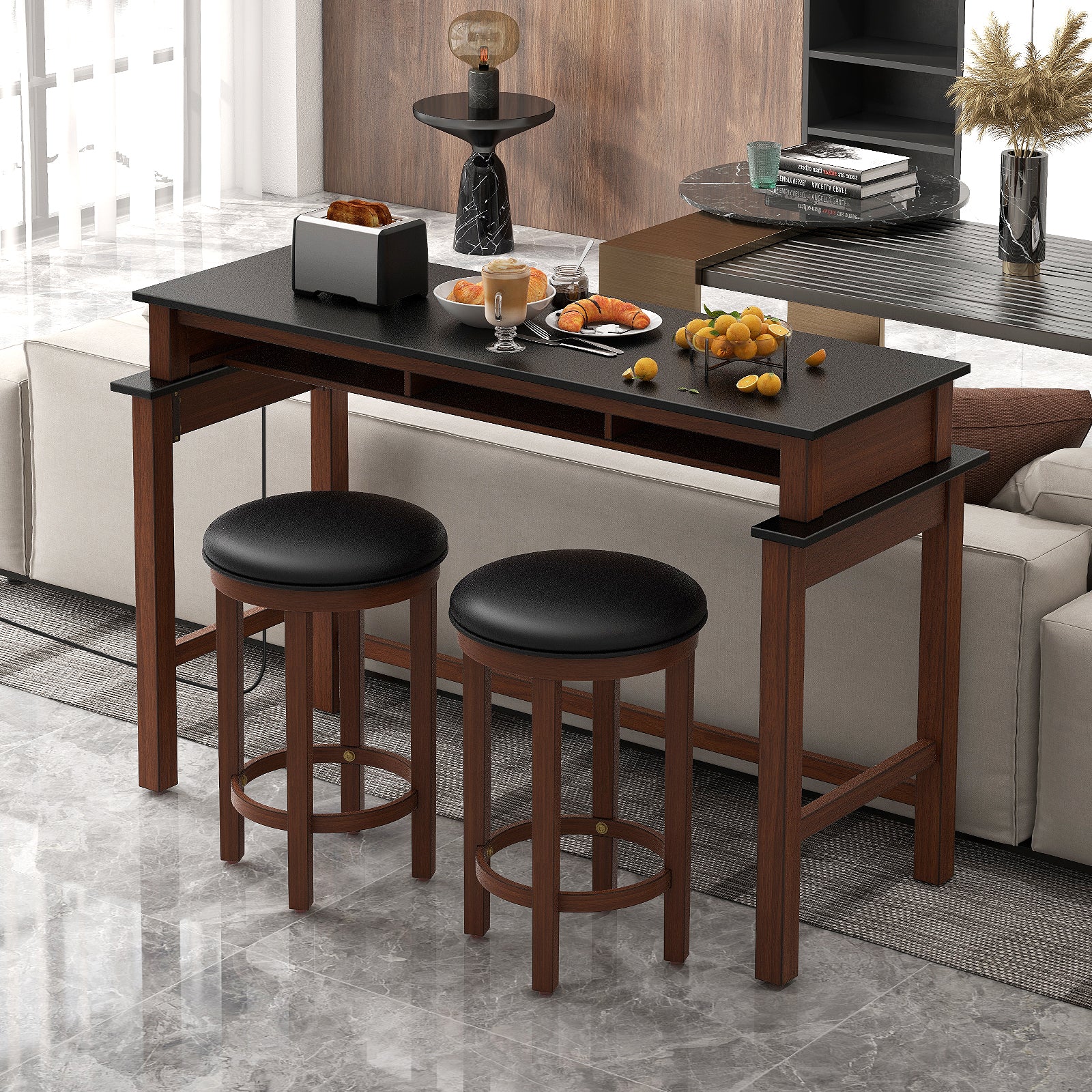 3-Piece Home Bar Set with 2 Upholstered Bar Stools Outlets and USB Ports-Black
