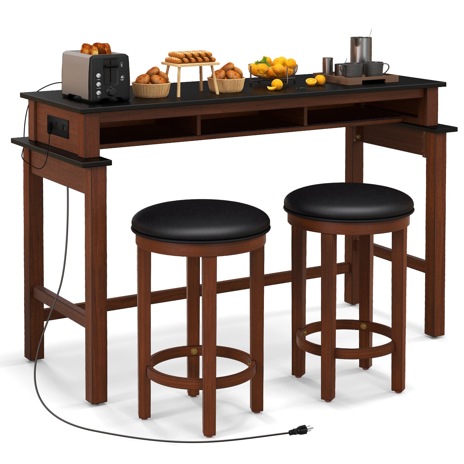3-Piece Home Bar Set with 2 Upholstered Bar Stools Outlets and USB Ports-Black