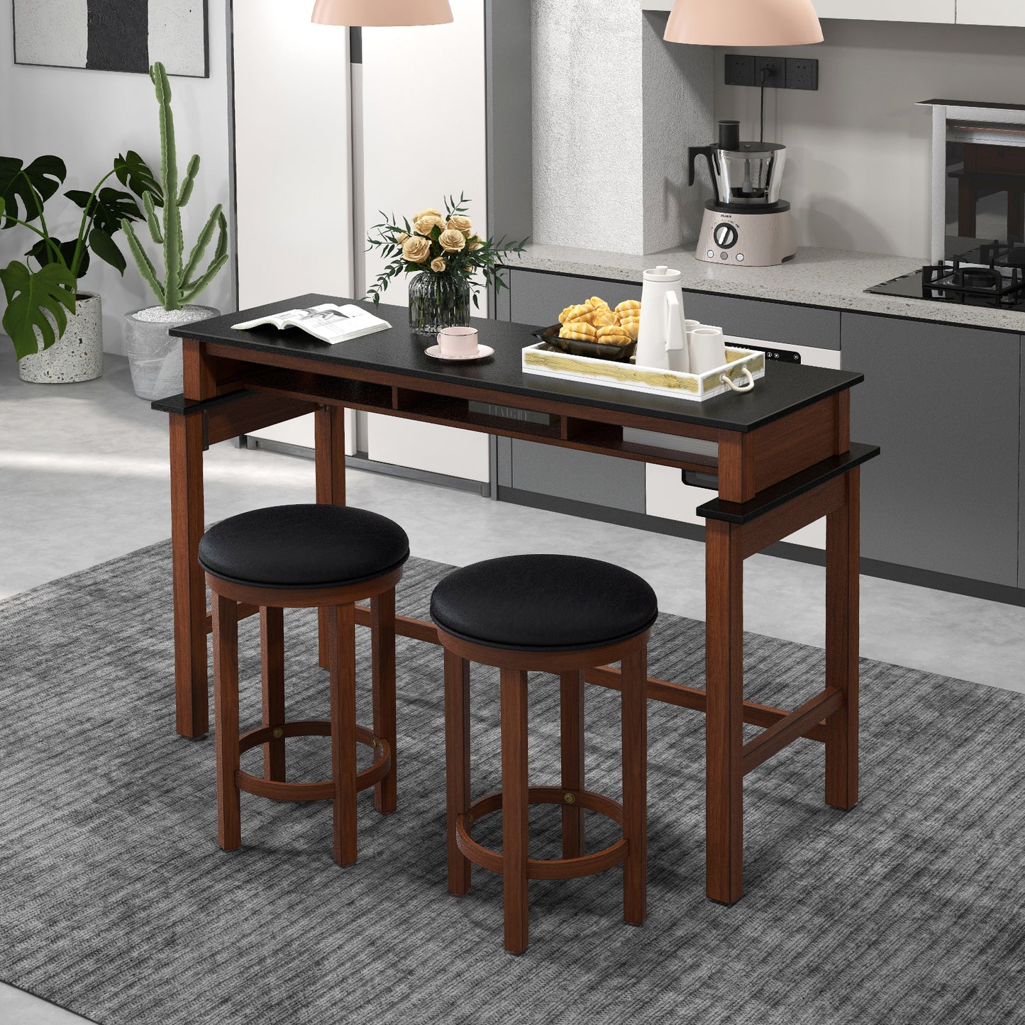 3-Piece Home Bar Set with 2 Upholstered Bar Stools Outlets and USB Ports-Black