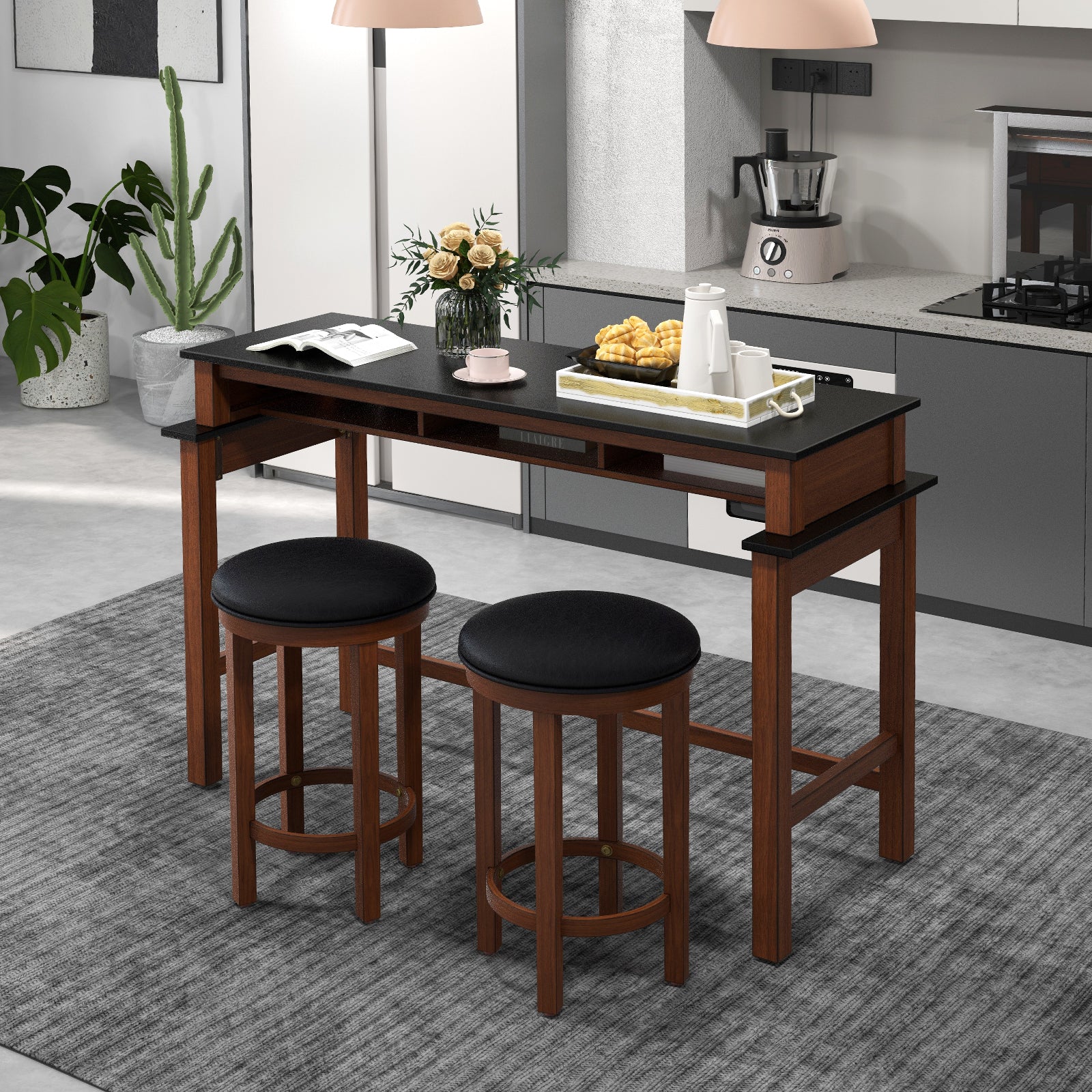 3-Piece Home Bar Set with 2 Upholstered Bar Stools Outlets and USB Ports-Black