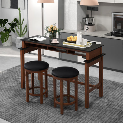 3-Piece Home Bar Set with 2 Upholstered Bar Stools Outlets and USB Ports-Black