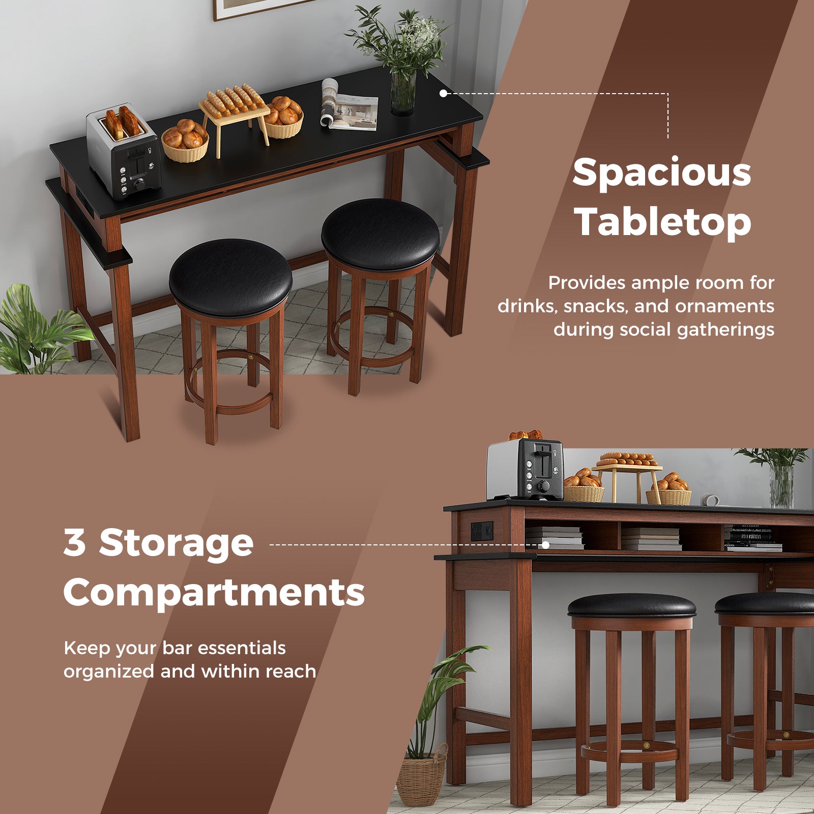 3-Piece Home Bar Set with 2 Upholstered Bar Stools Outlets and USB Ports-Black