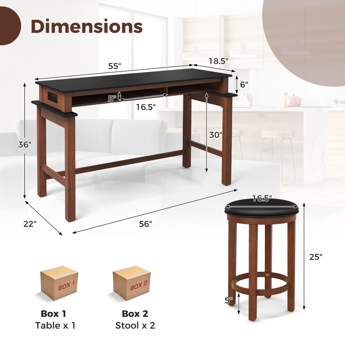 3-Piece Home Bar Set with 2 Upholstered Bar Stools Outlets and USB Ports-Black