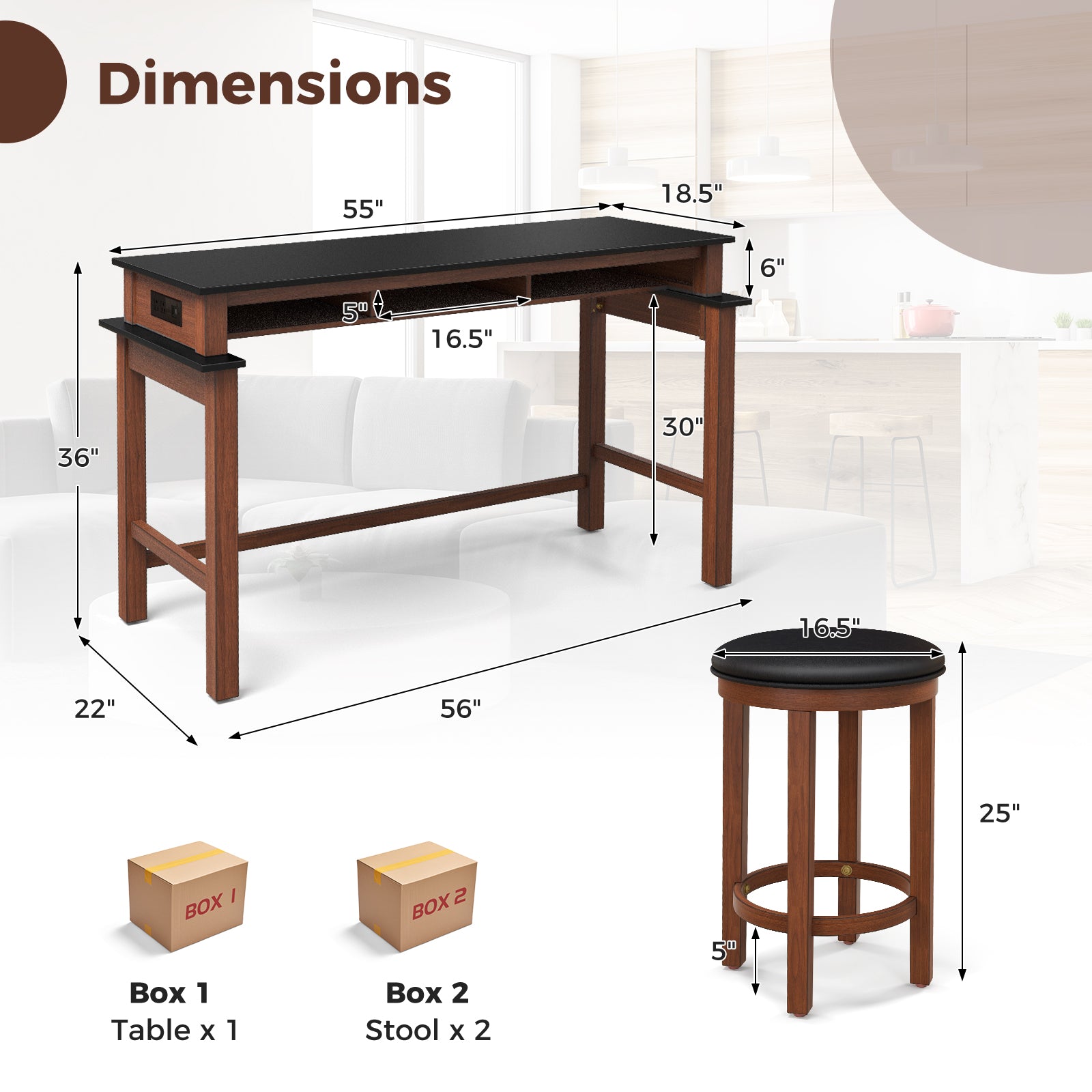 3-Piece Home Bar Set with 2 Upholstered Bar Stools Outlets and USB Ports-Black
