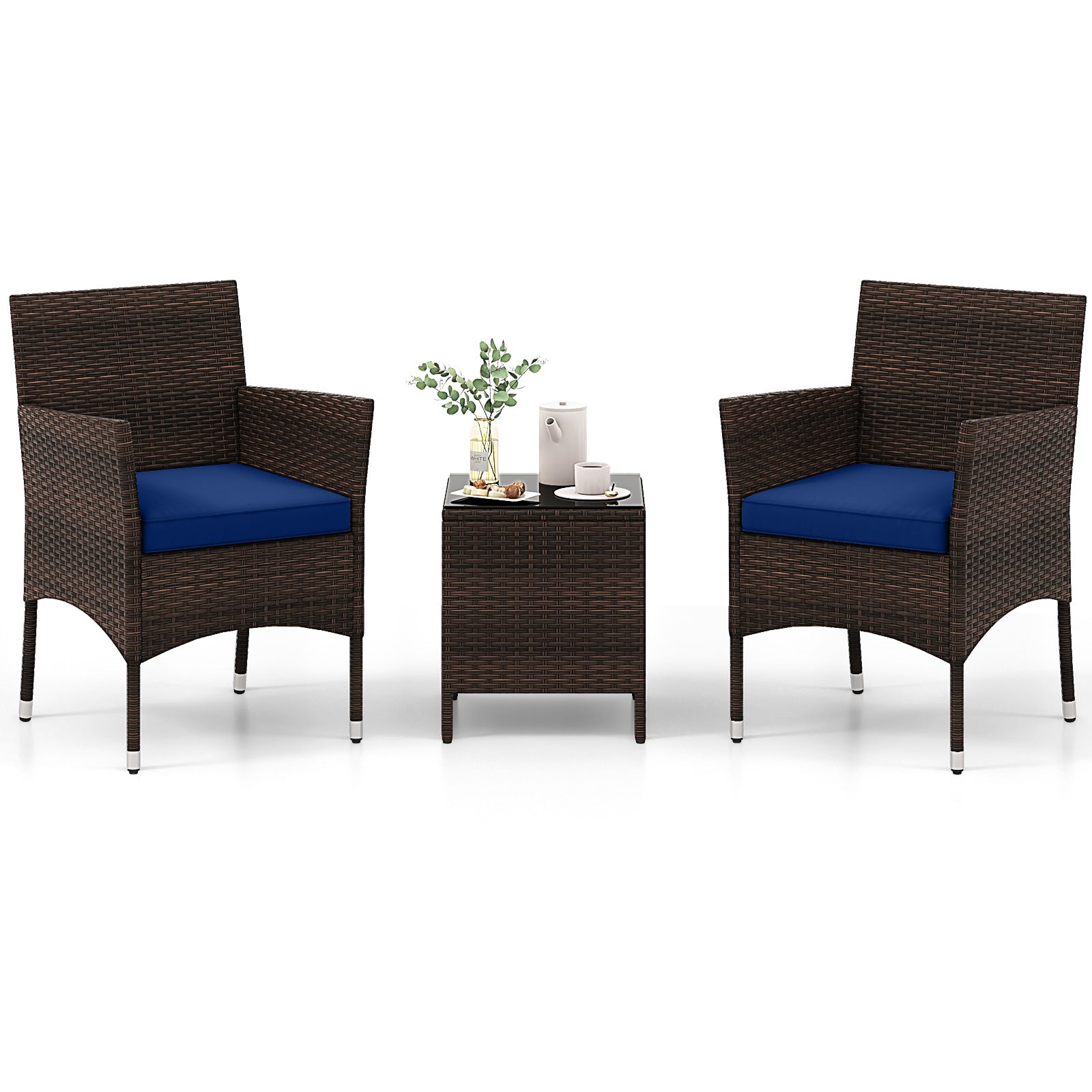 3 Pieces Outdoor Conversation Set with Cushioned Seat and Glass Tabletop-Black - Navy