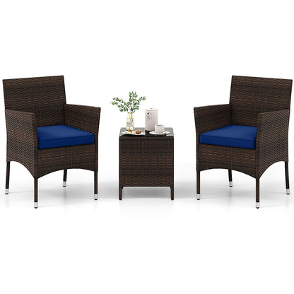 3 Pieces Outdoor Conversation Set with Cushioned Seat and Glass Tabletop-Black - Navy