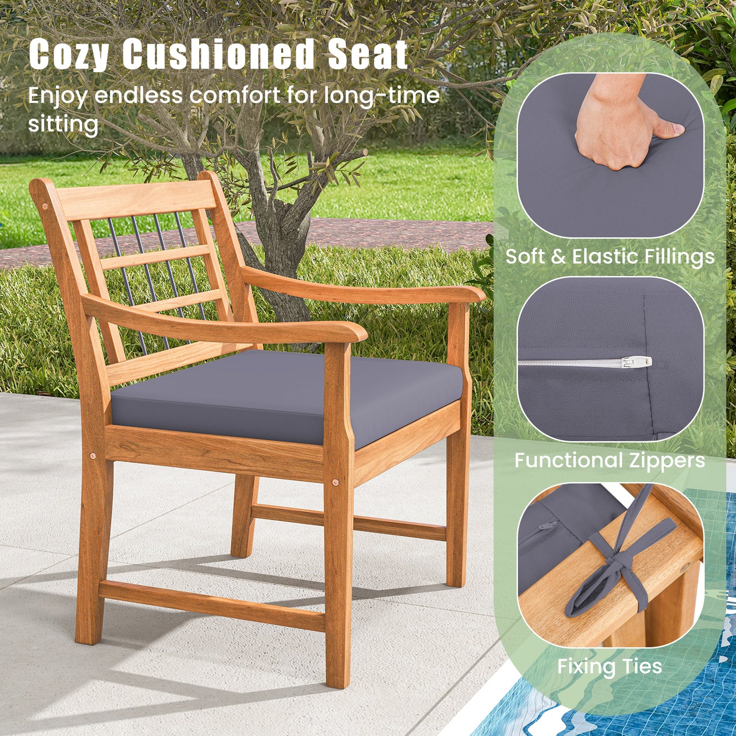 3 Piece Wood Patio Furniture Set with Seat Cushions and Acacia Wood Frame