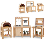 3-Piece Outdoor Kitchen Set Mud Kitchen with Separate BBQ Grill and Pizza Oven-Natural