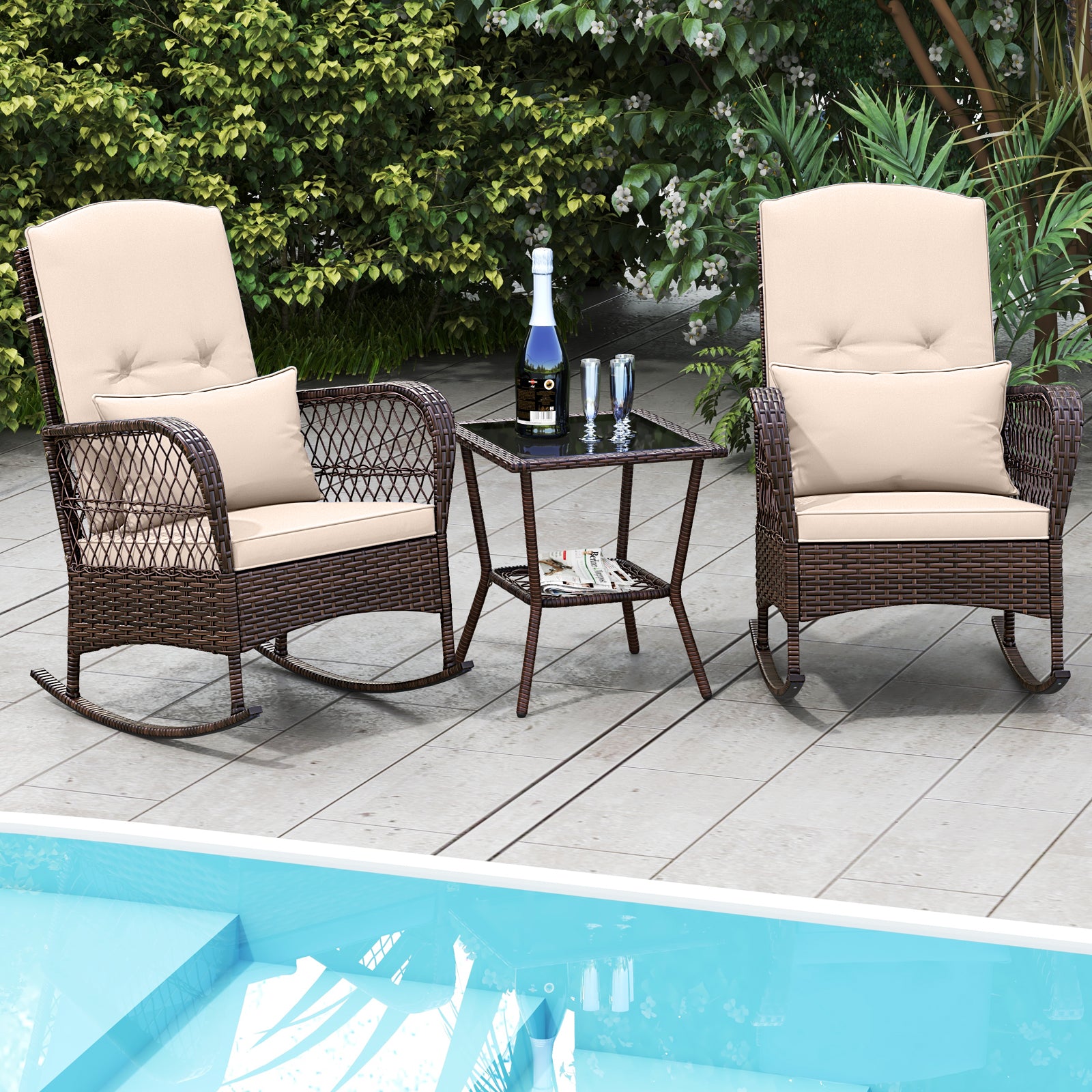 3 Pieces Rocking Bistro Set with 2-Tier Coffee Table-Brown