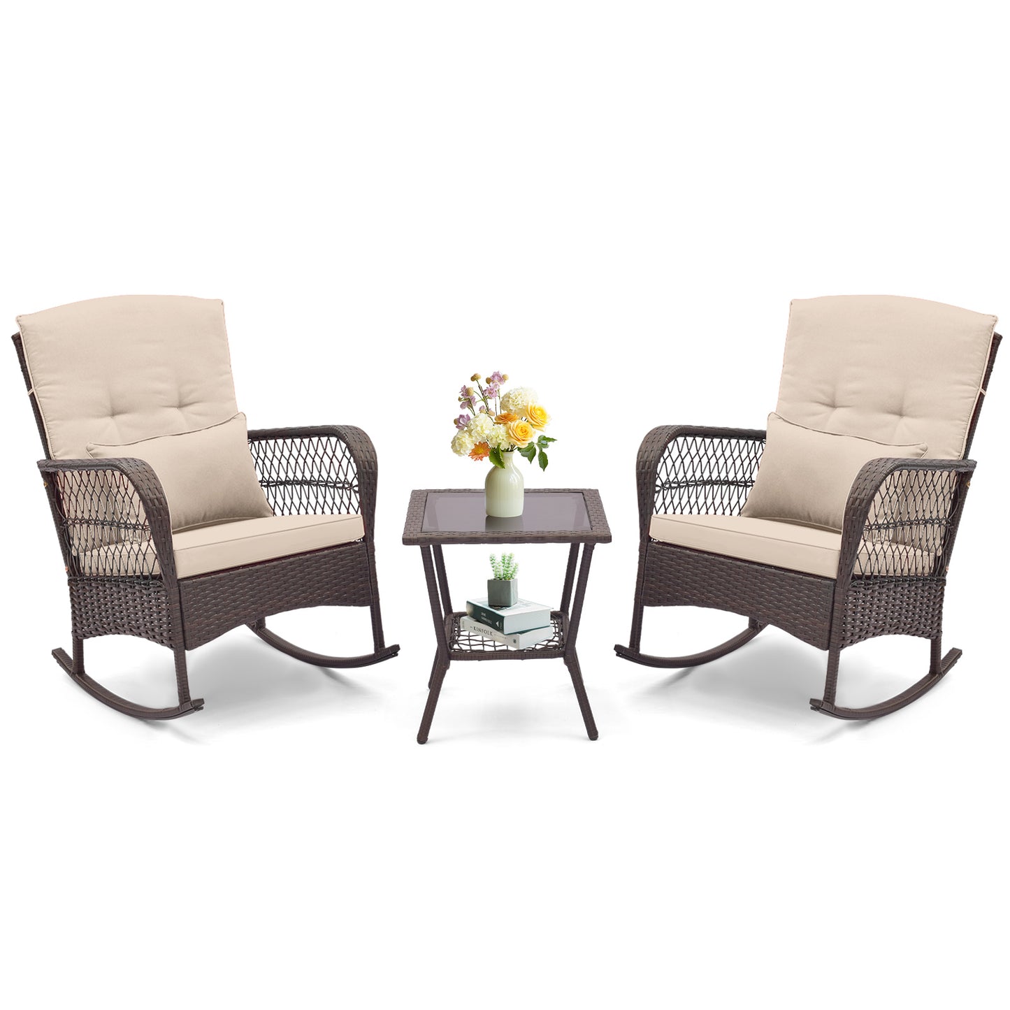 3 Pieces Rocking Bistro Set with 2-Tier Coffee Table-Brown