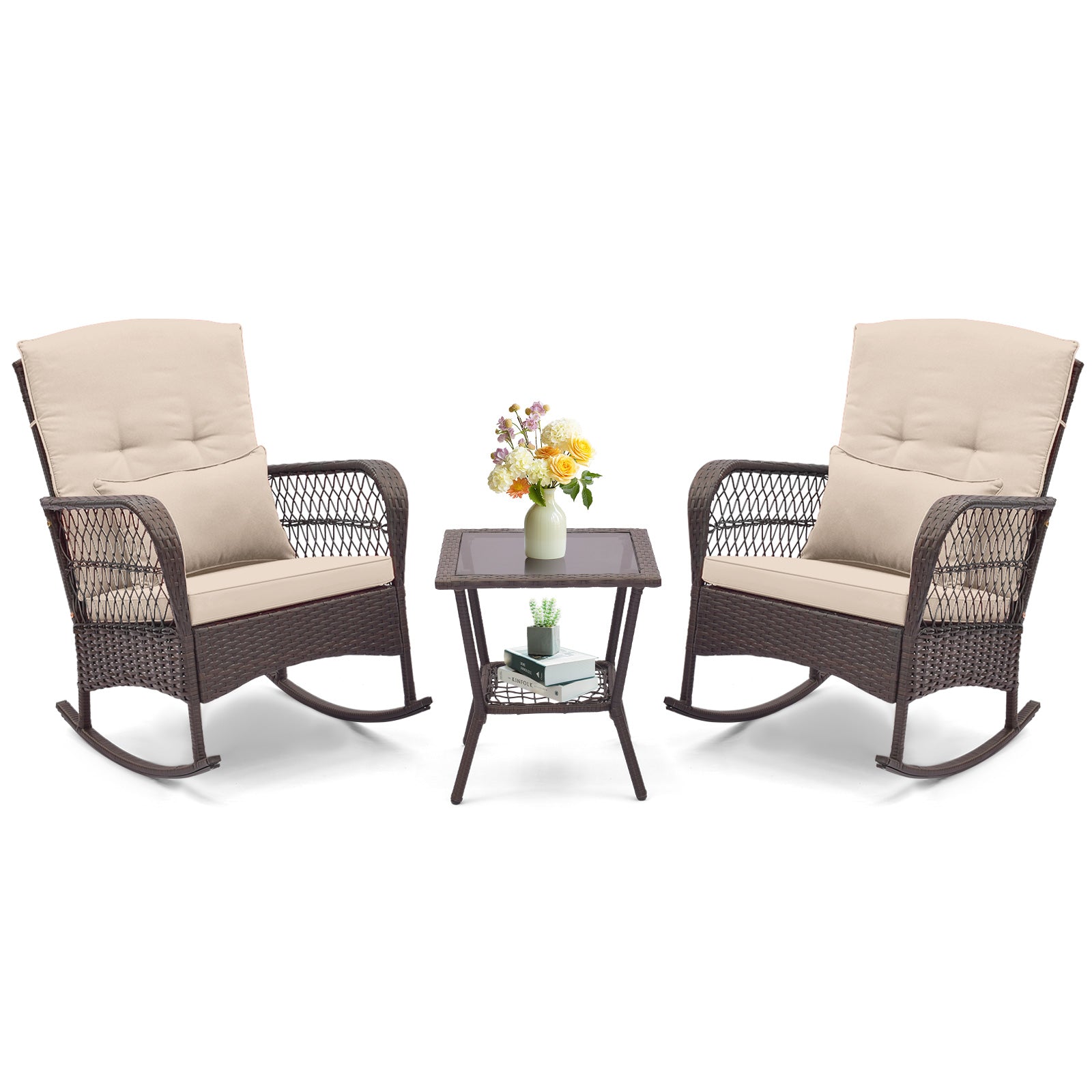 3 Pieces Rocking Bistro Set with 2-Tier Coffee Table-Brown