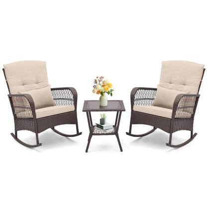3 Pieces Rocking Bistro Set with 2-Tier Coffee Table-Brown