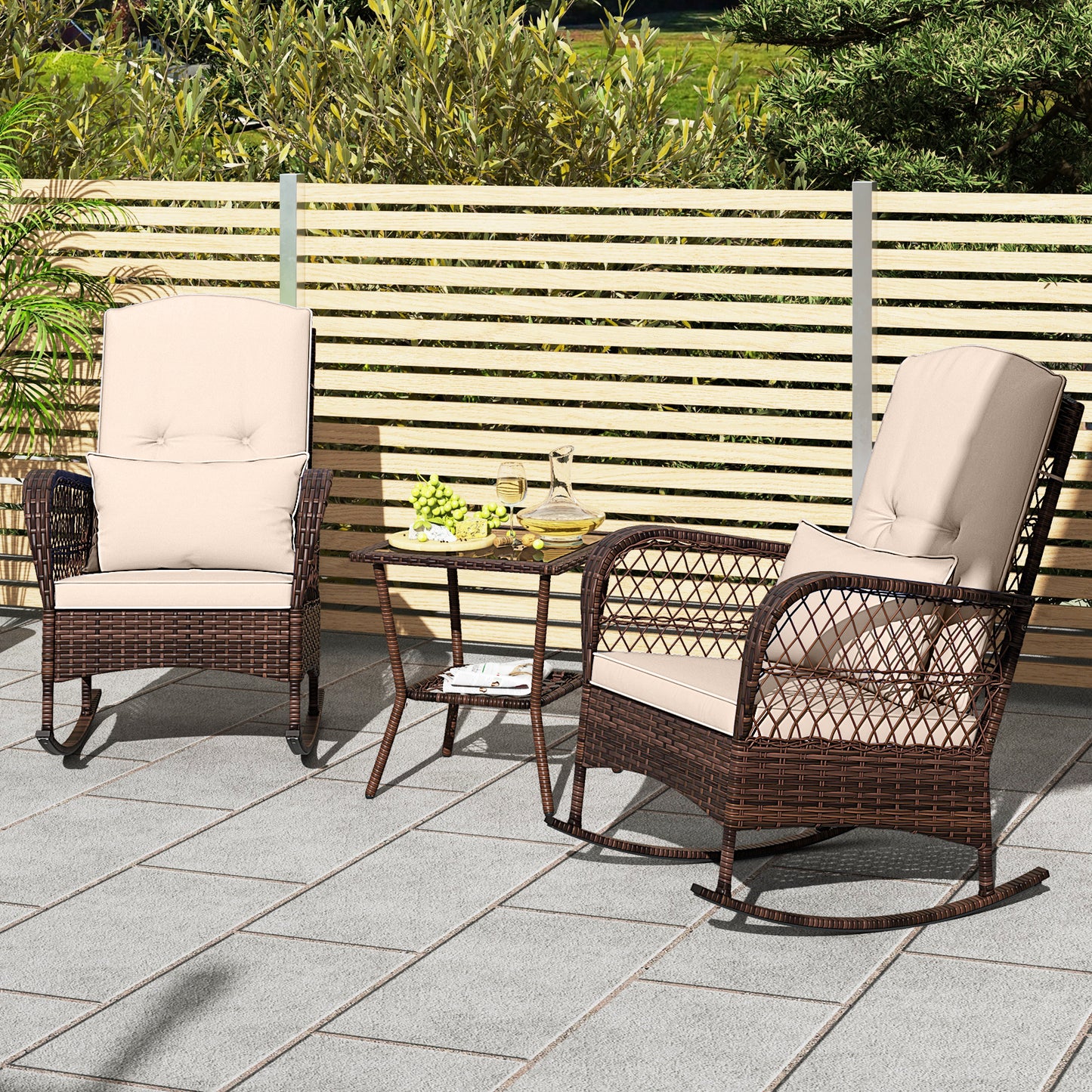 3 Pieces Rocking Bistro Set with 2-Tier Coffee Table-Brown