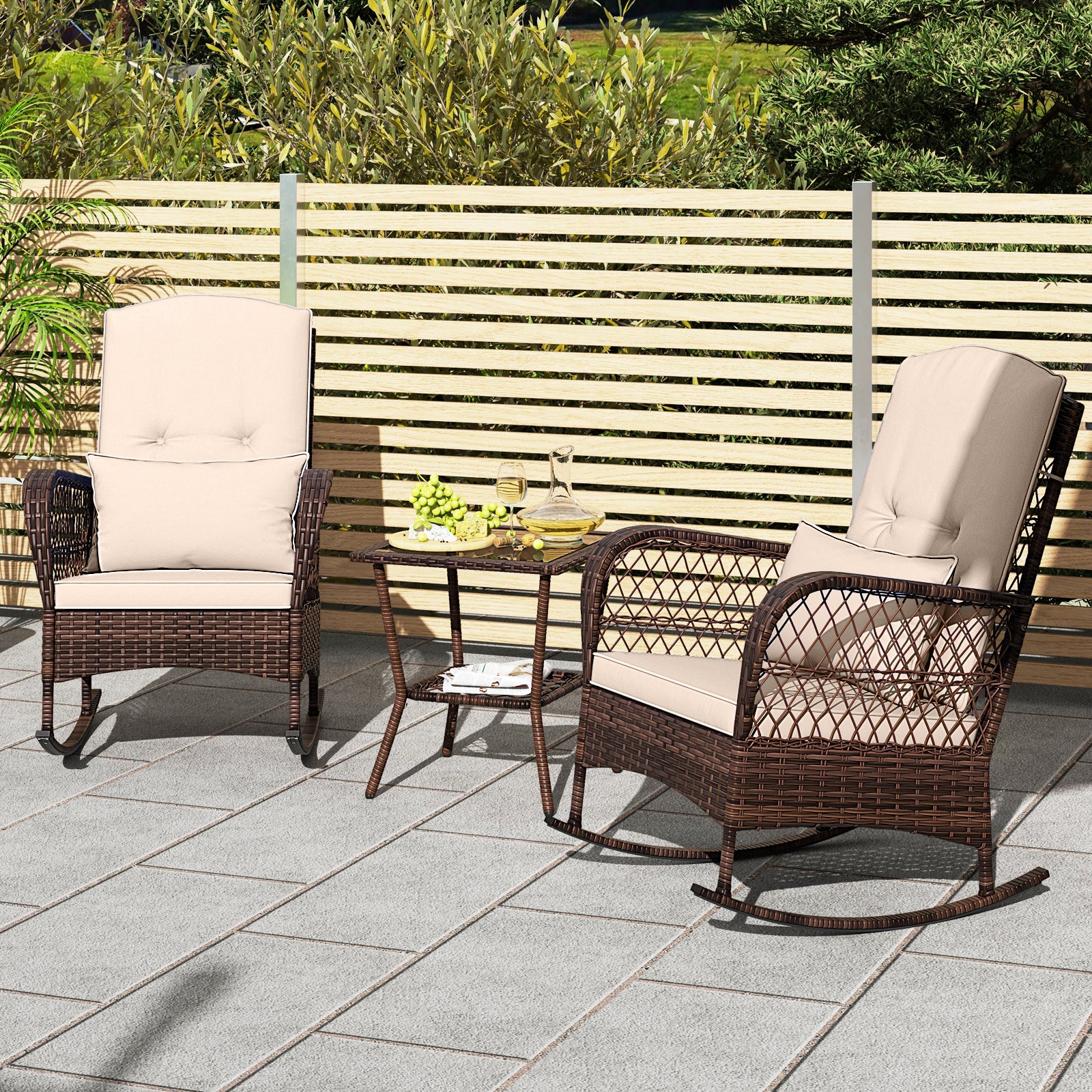 3 Pieces Rocking Bistro Set with 2-Tier Coffee Table-Brown