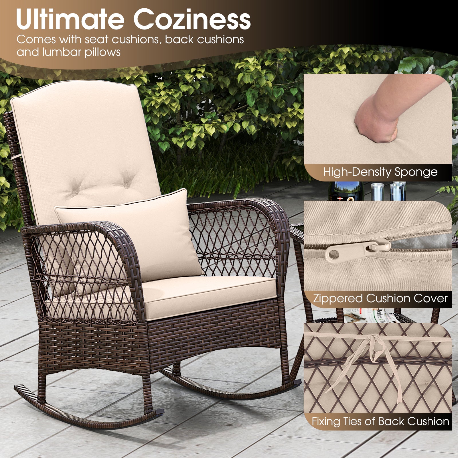 3 Pieces Rocking Bistro Set with 2-Tier Coffee Table-Brown