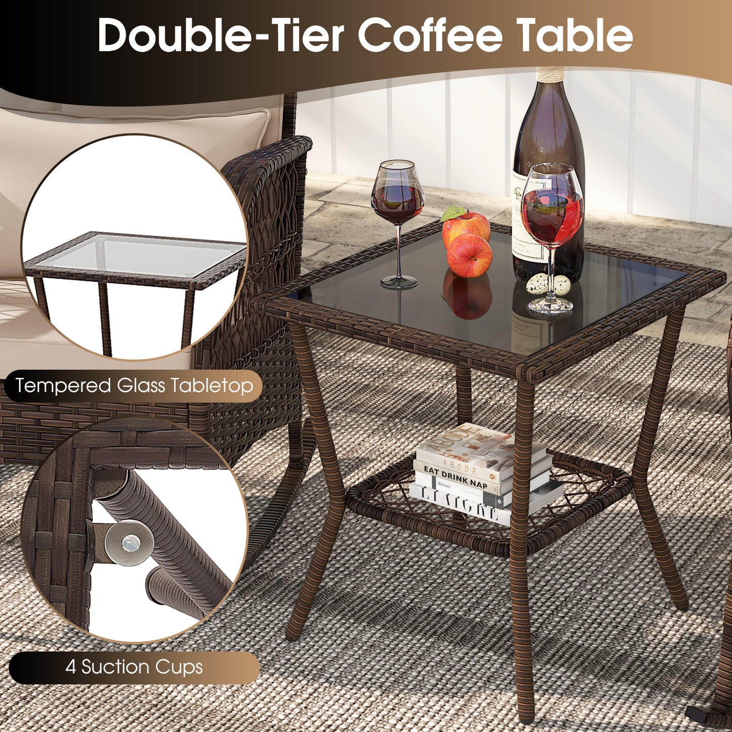 3 Pieces Rocking Bistro Set with 2-Tier Coffee Table-Brown