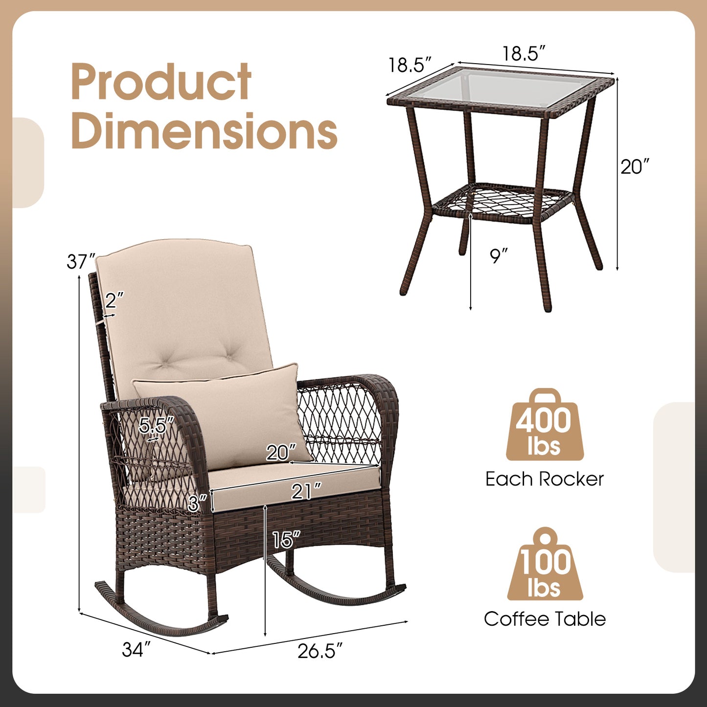 3 Pieces Rocking Bistro Set with 2-Tier Coffee Table-Brown