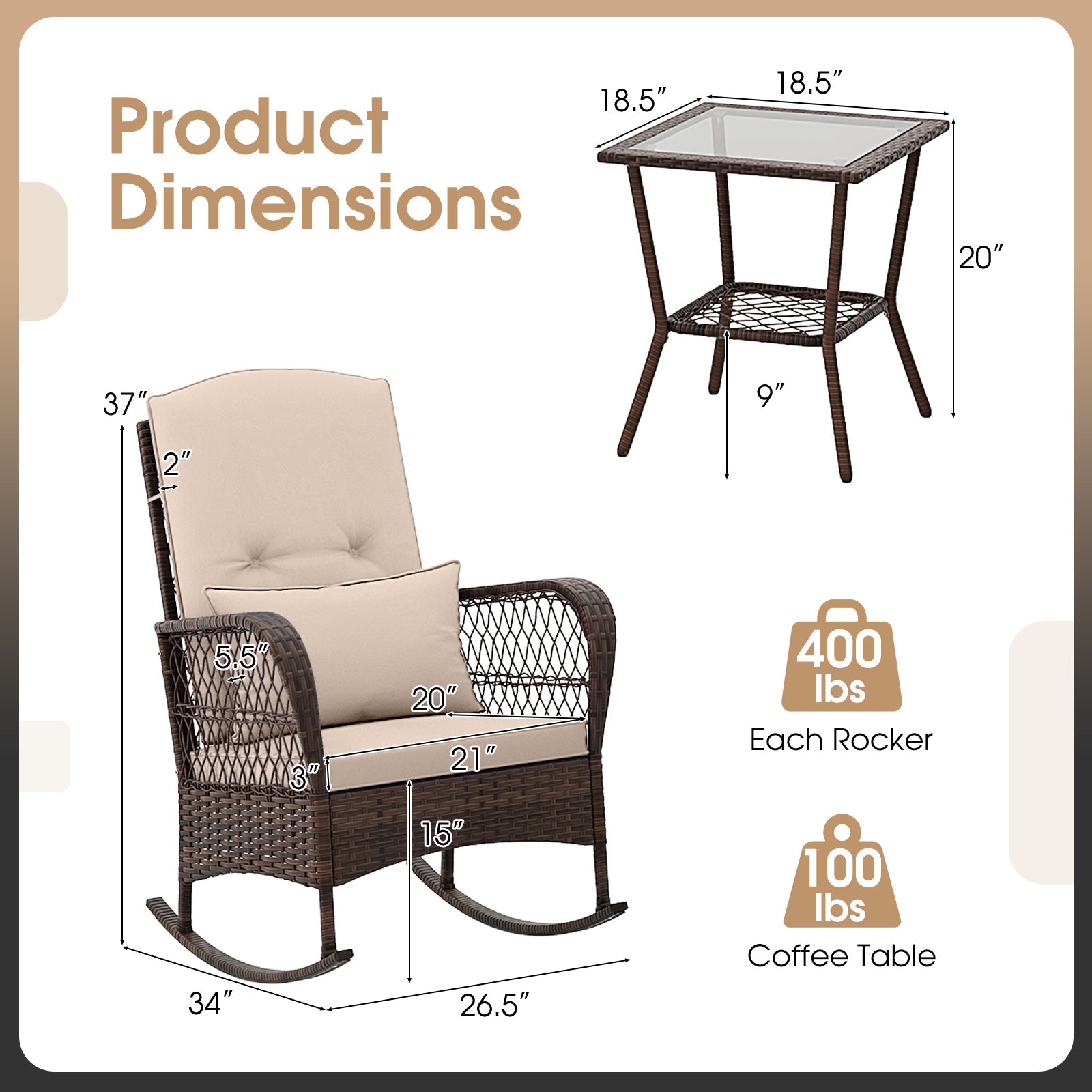 3 Pieces Rocking Bistro Set with 2-Tier Coffee Table-Brown
