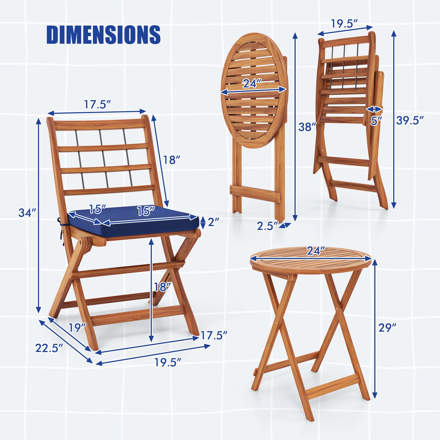 3 Pieces Acacia Wood Patio Bistro Set with Cushions-White - Navy