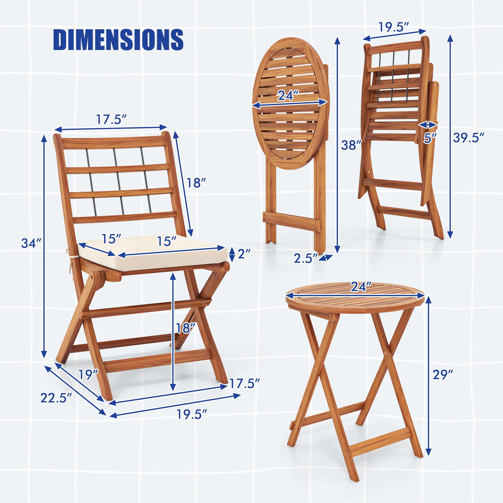 3 Pieces Acacia Wood Patio Bistro Set with Cushions-White - White