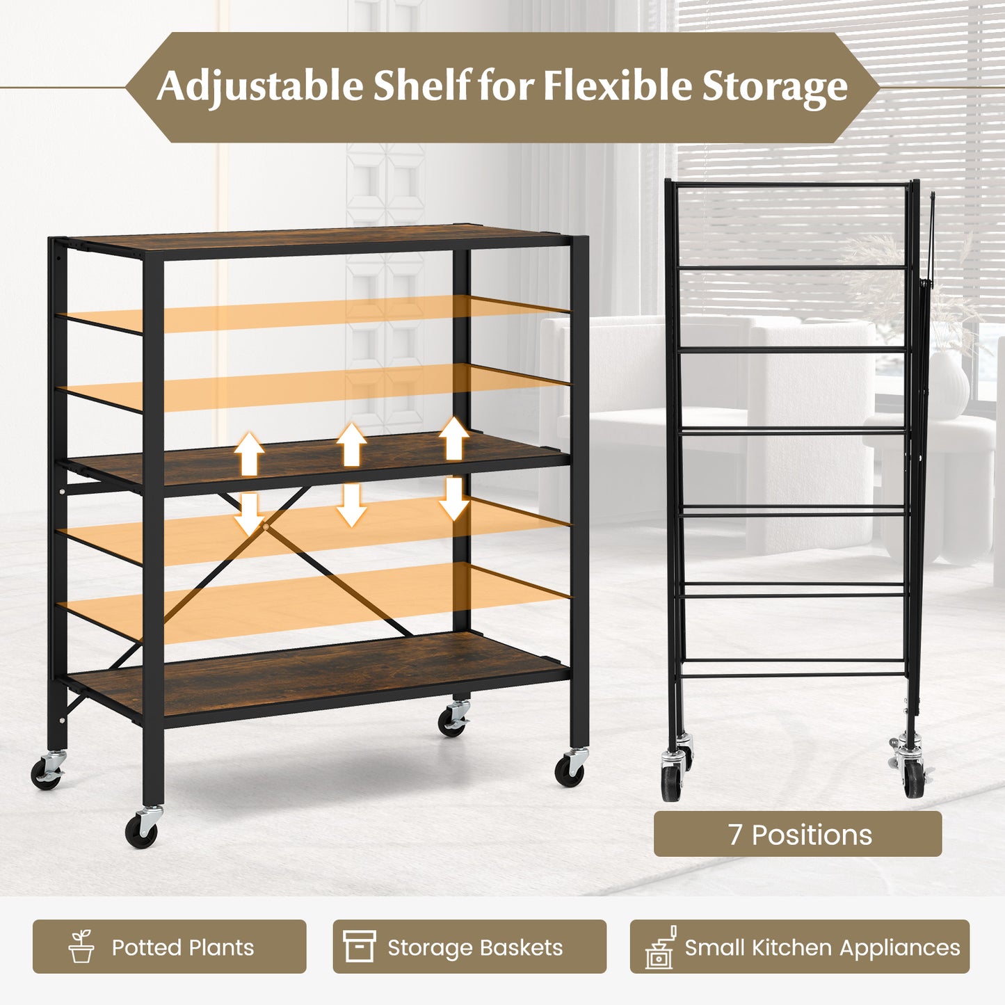 3-Tier Foldable Shelving Unit with Detachable Wheels and Adjustable Shelves-Black