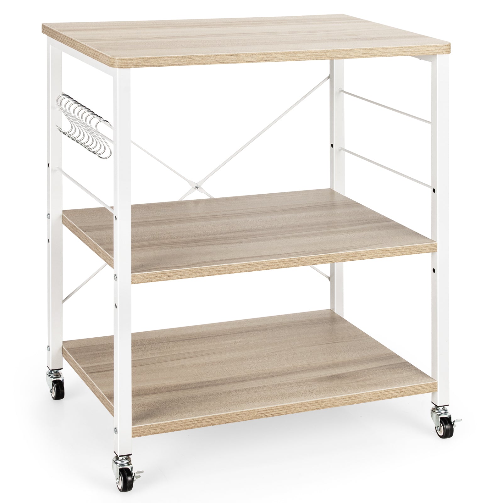 3-Tier Kitchen Baker's Rack Microwave Oven Storage Cart with Hooks-Charcoal Brown - Light Brown