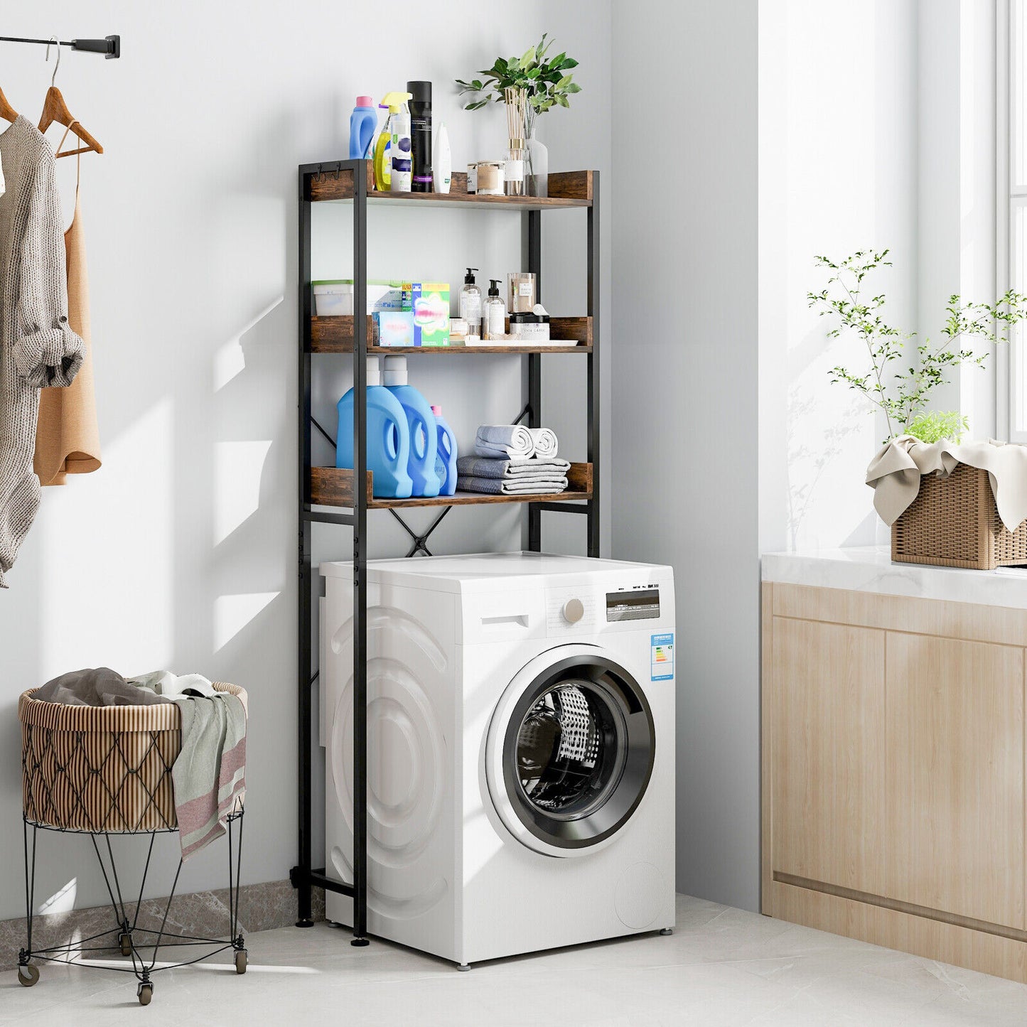 Over The Toilet Storage Rack with Hooks and Adjustable Bottom Bar