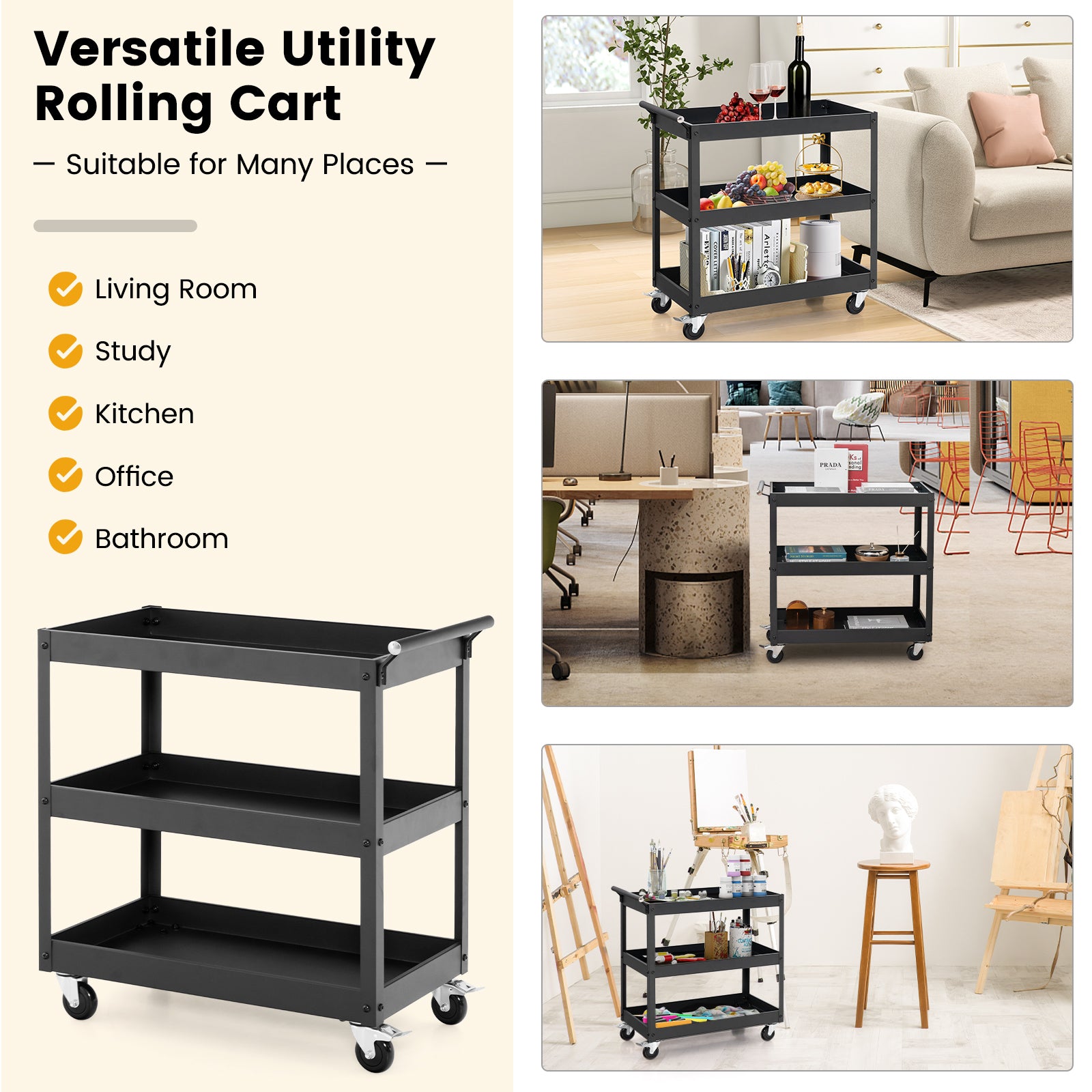 3-Tier Utility Cart Rolling Metal Cart with Handle and Universal Wheels-Black