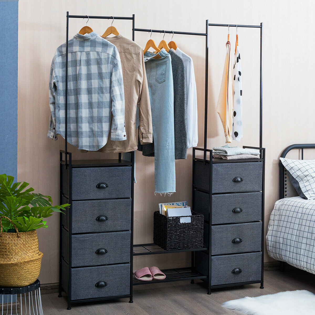 3-in-1 Portable Multifunctional Dresser with 8 Fabric Drawers and Metal Rack