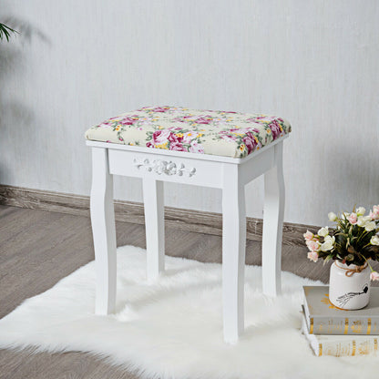 Vanity Wood Dressing Stool Padded Piano Seat with Rose Cushion-White