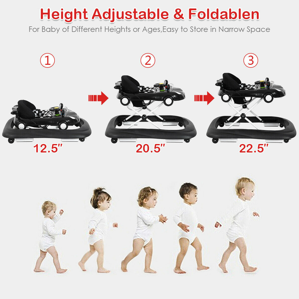2-in-1 Foldable Baby Walker with Music Player and Lights-Black