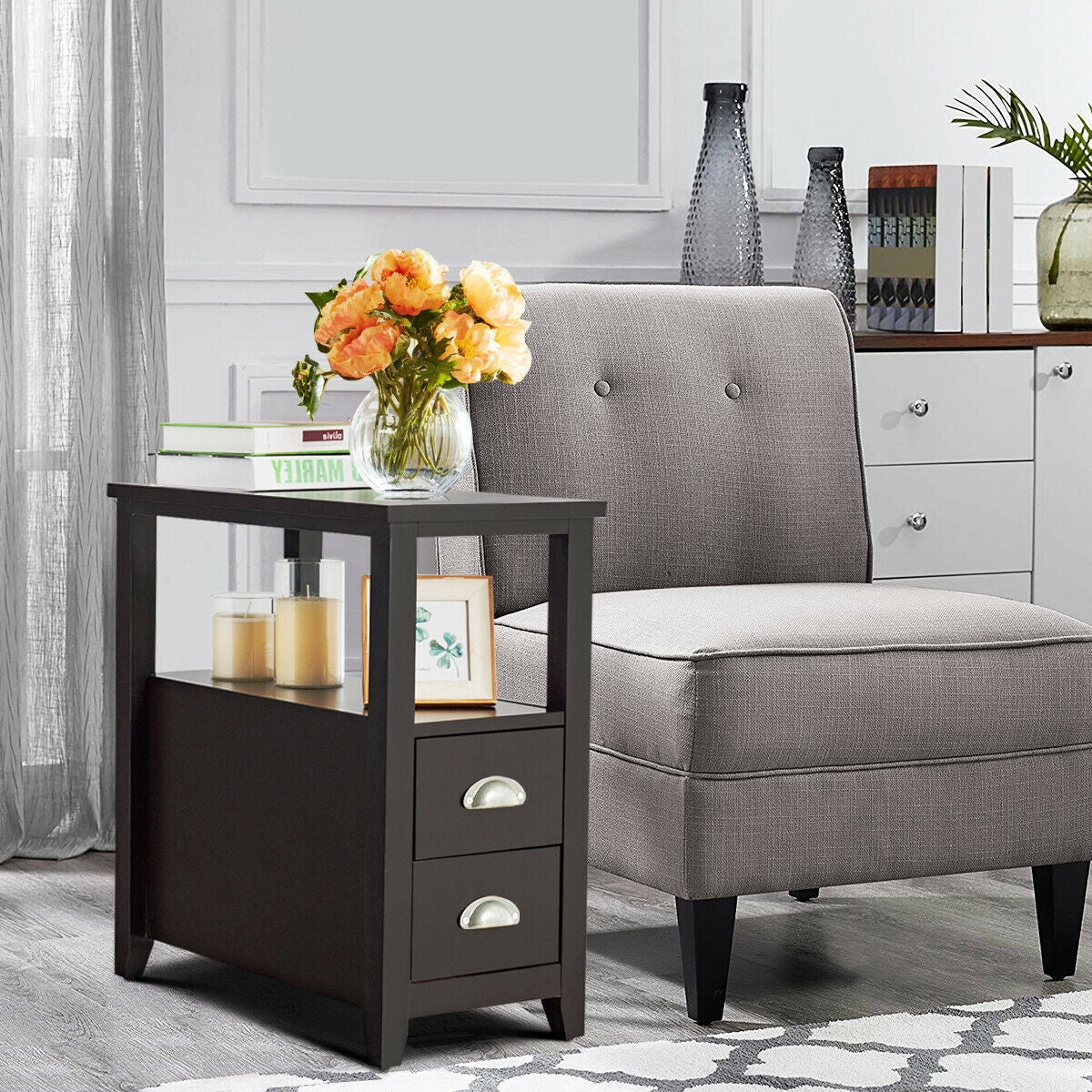 Set of 2 End Table Wooden with 2 Drawer & Shelf Bedside Table