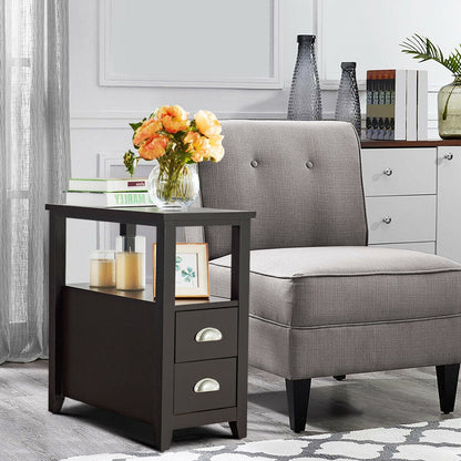 Set of 2 End Table Wooden with 2 Drawer & Shelf Bedside Table