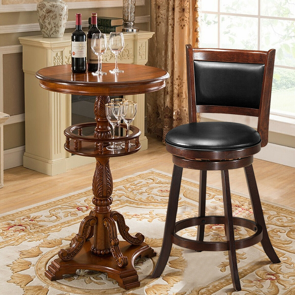 24 Inch Wooden Upholstered Swivel Counter Height Stool Dining Chair