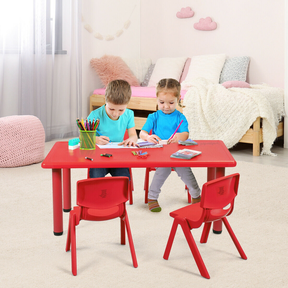 Kids Plastic Rectangular Learn and Play Table-Blue - Red
