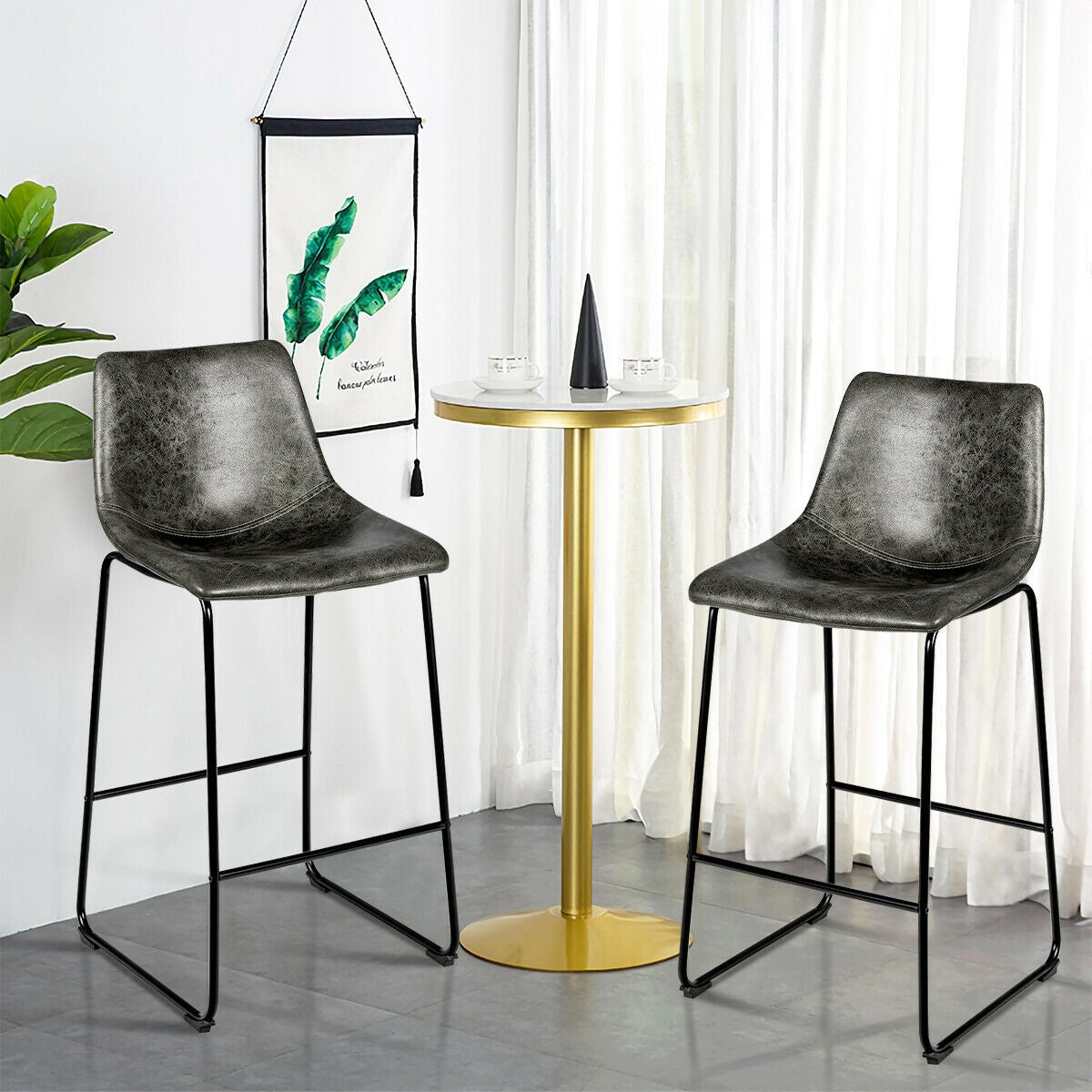 Set of 2 Bar Stool Faux Suede Upholstered Chairs-Gray