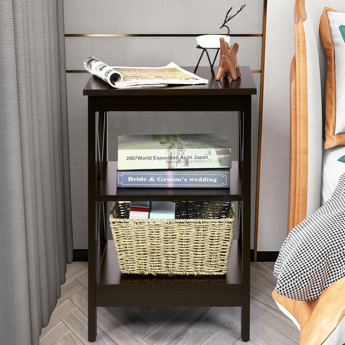 3-Tier Nightstand End Table with X Design Storage -Dark Brown