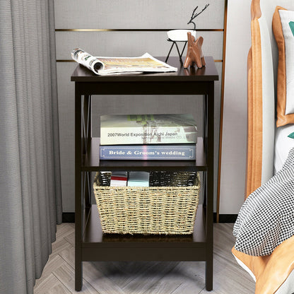 3-Tier Nightstand End Table with X Design Storage -Dark Brown