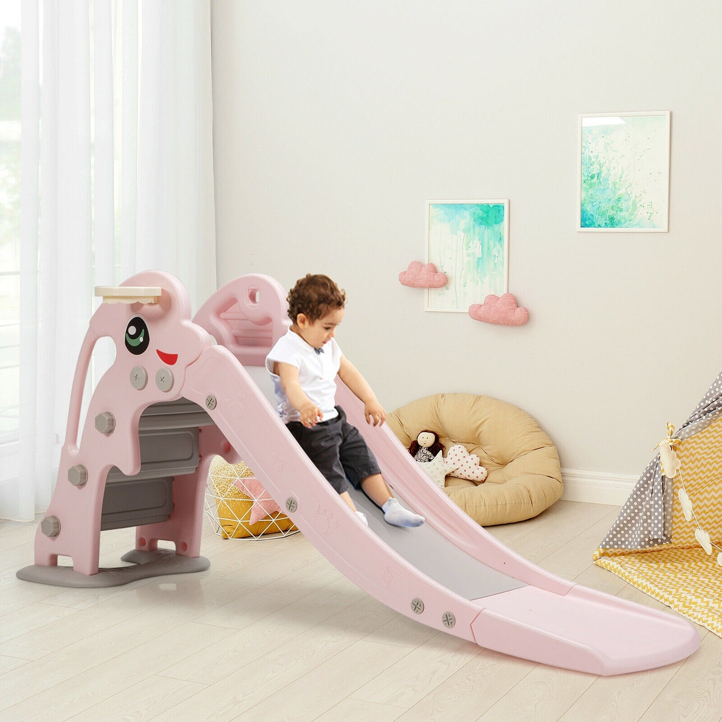 3-in-1 Kids Climber Slide Play Set with Basketball Hoop and Ball-Pink