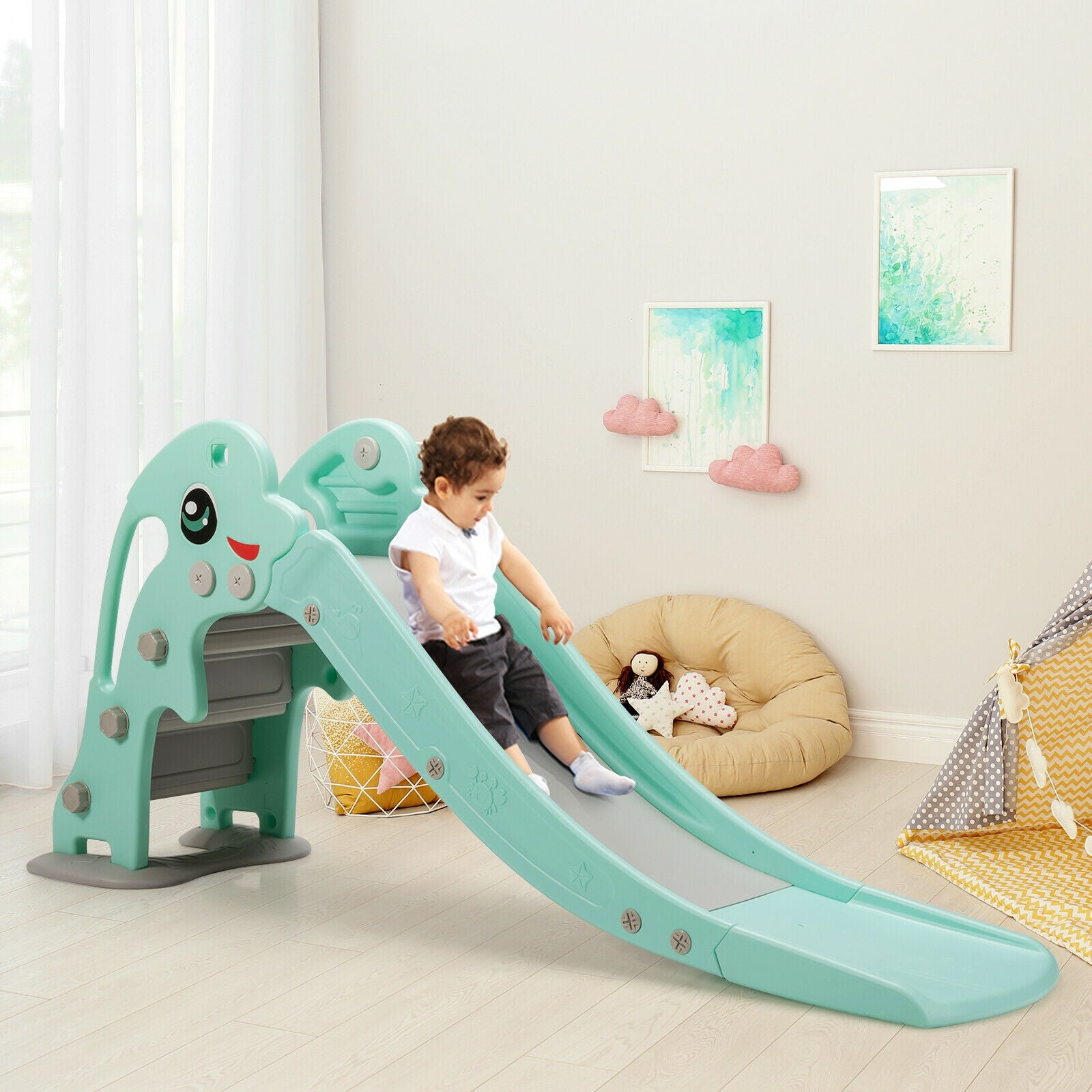 3-in-1 Kids Climber Slide Play Set with Basketball Hoop and Ball-Green
