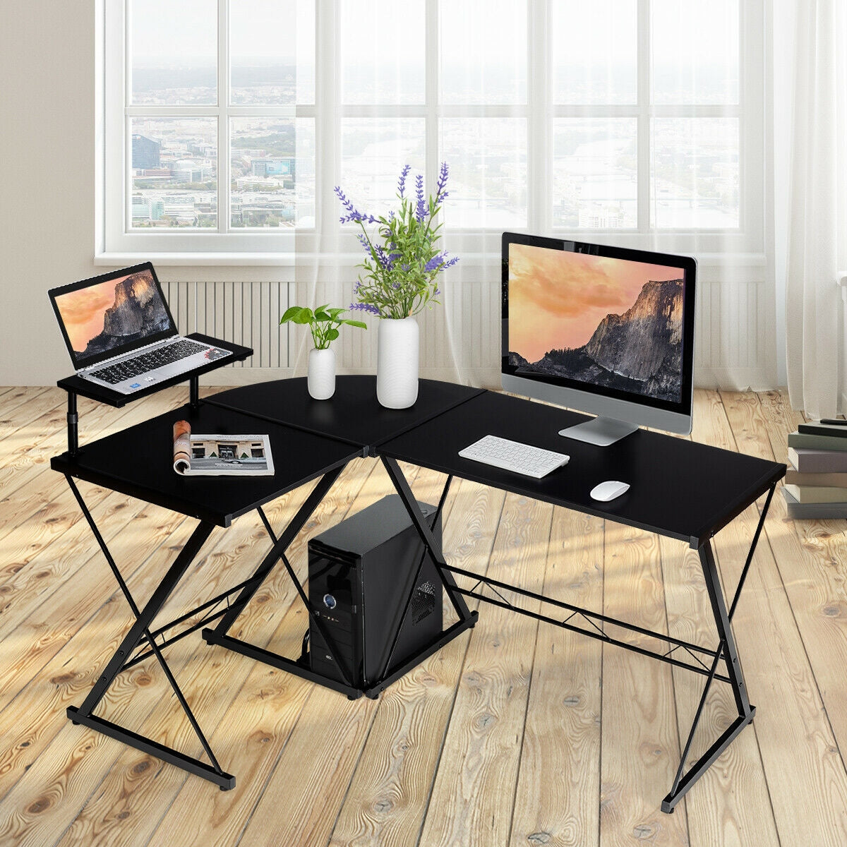 L-Shaped Desk Reversible Corner Computer Desk with Movable Shelf and CPU Stand-Black