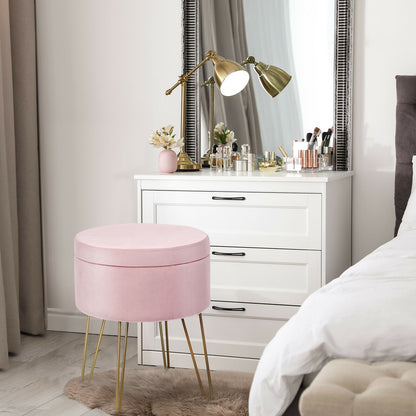 Round Velvet Storage Ottoman Footrest Stool Vanity Chair with Metal Legs-Pink