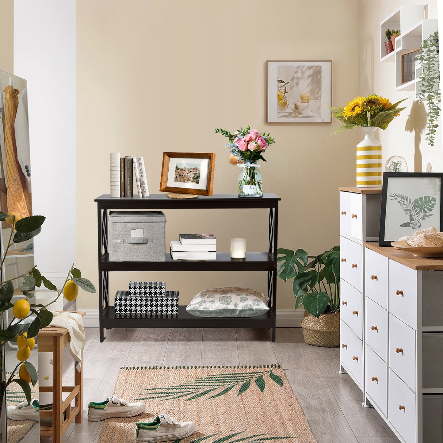 3-Tier Console X-Design Sofa Side Accent Table-Espresso