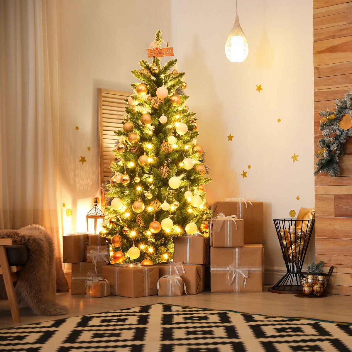 5 Feet PVC Hinged Pre-Lit Artificial Fir Pencil Christmas Tree with 150 Lights-5 ft