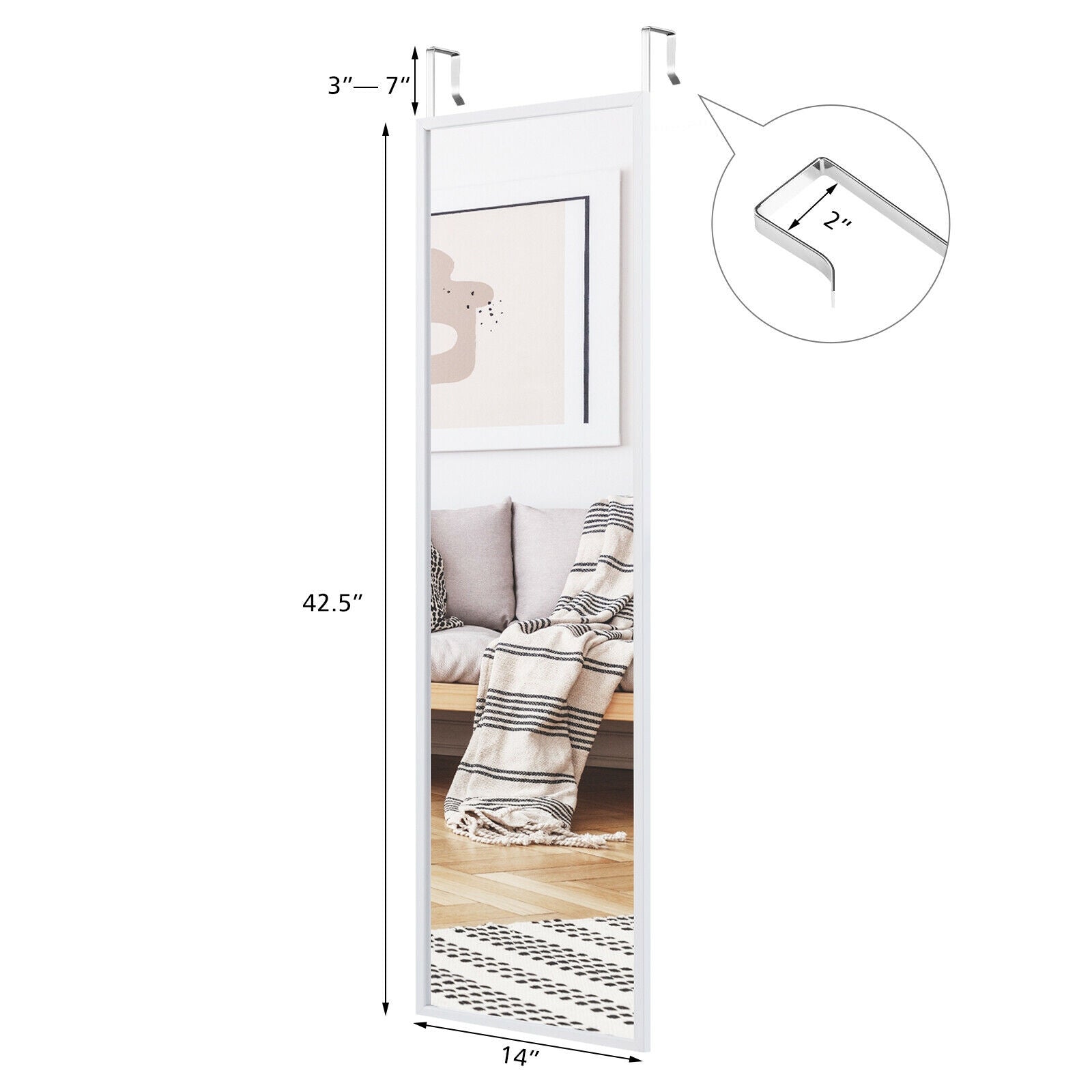 Full Length Metal Door Mirror with Adjustable Hook-White