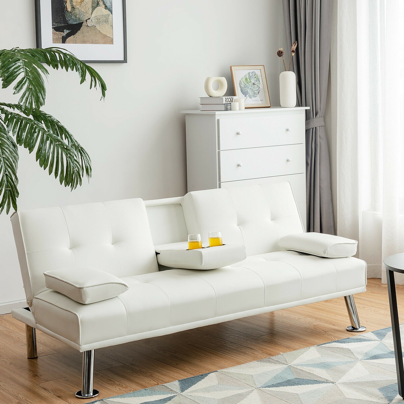 Convertible Folding Leather Futon Sofa with Cup Holders and Armrests-White