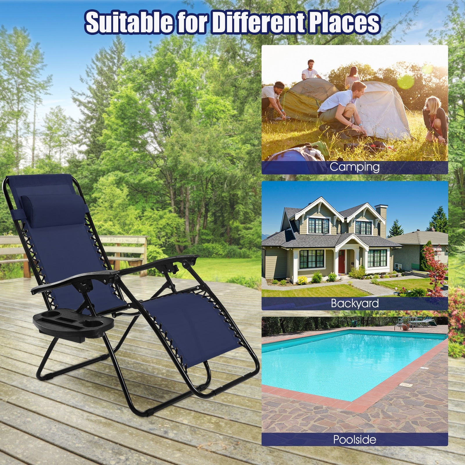 2 Pieces Folding Lounge Chair with Zero Gravity-Orange - Navy
