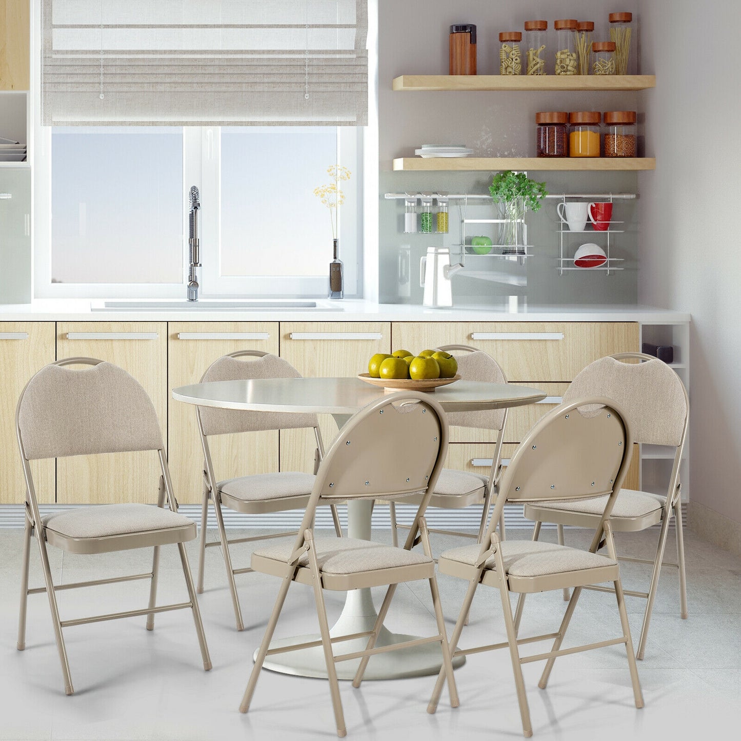 6 Pack Folding Chairs Portable Padded Office Kitchen Dining Chairs-Beige