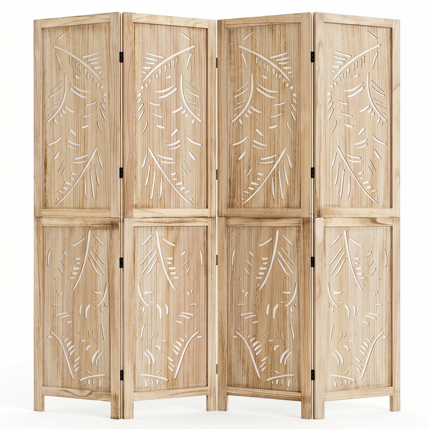 4-Panel Wooden Room Divider with Palm Leaf Design, 67" Tall