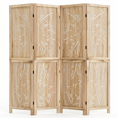 4-Panel Wooden Room Divider with Palm Leaf Design, 67" Tall